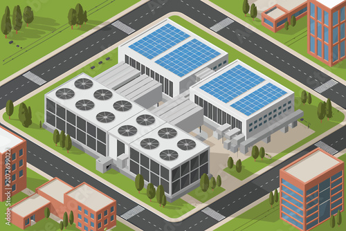 Data Center with Solar Panels on Roof in Isometric View