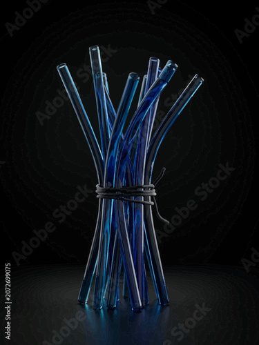 Blue Glass Tubes Bundled Together on Dark Background