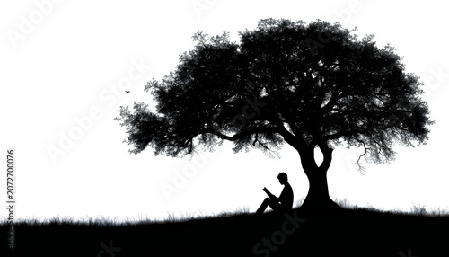 Black Silhouette of Lone Person Sitting Under Large Tree Reading Book – Calm Story