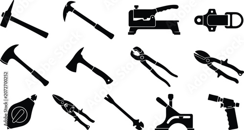 Bilde på lerret Professional Roofing and Siding Installation Tool Silhouette Icon Set Featuring
