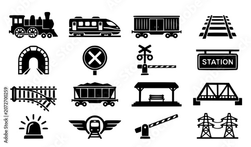 Fotografi Black Train and Railway Transport Icons Set Locomotive Tracks Station Vector Col