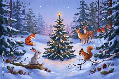 Winter forest landscape featuring a glowing christmas tree, a fox, a rabbit, deer, and birds in a snowy setting with pine trees