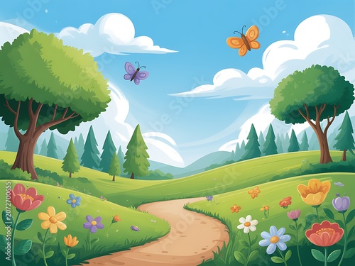 Colorful Cartoon Landscape with Winding Path and Butterflies