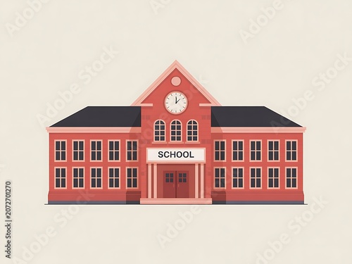 Red School Building with Clock and Black Roof