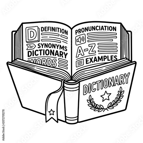 Open Dictionary Book Line Art Illustration