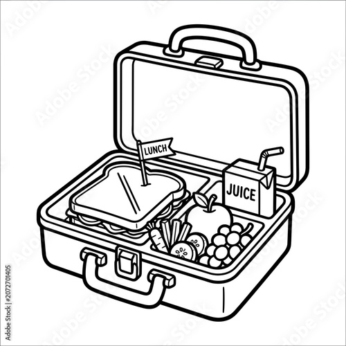 Open lunchbox with sandwich, fruit, juice, and vegetables