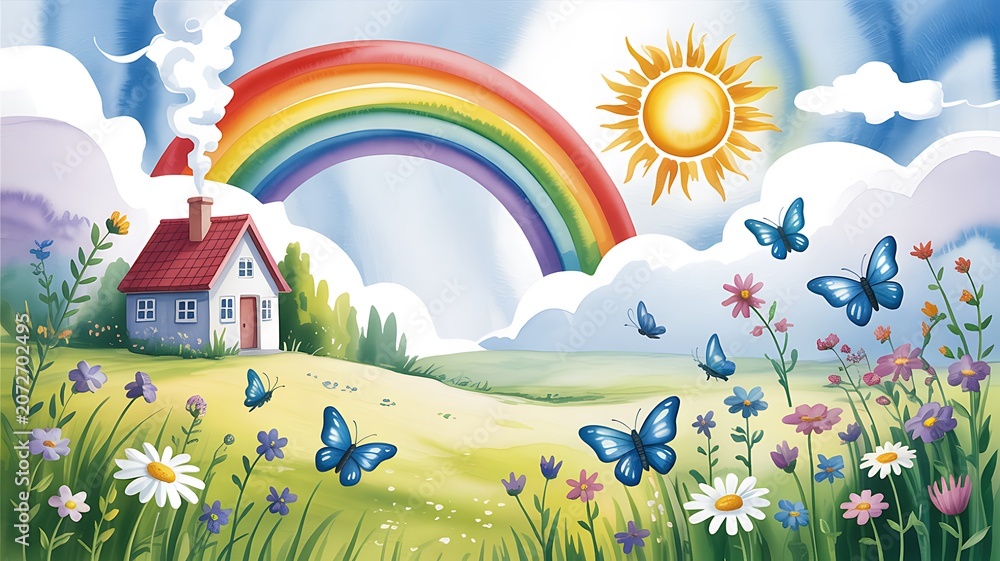 Obraz premium Idyllic natural landscape showing a cheerful house, colorful rainbow, bright sun, and blue butterflies fluttering freely