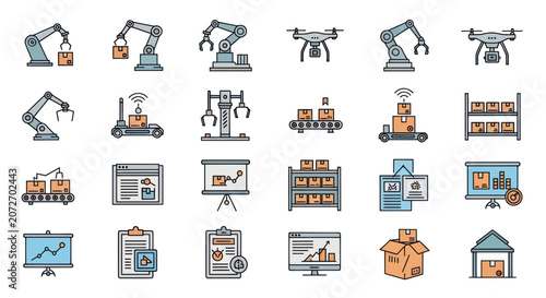 Industrial Automation and Logistics Icons Set.