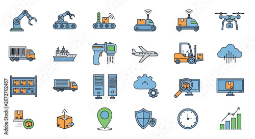 Collection of modern logistics and technology icons.