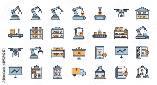 Industrial Automation and Logistics Icons Set.