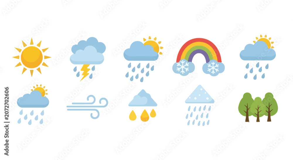 Fototapeta premium Flat weather forecast icons with sun rain and snow symbols