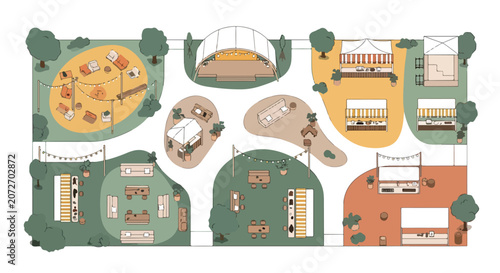 A bird's-eye view illustration of a vibrant outdoor festival layout