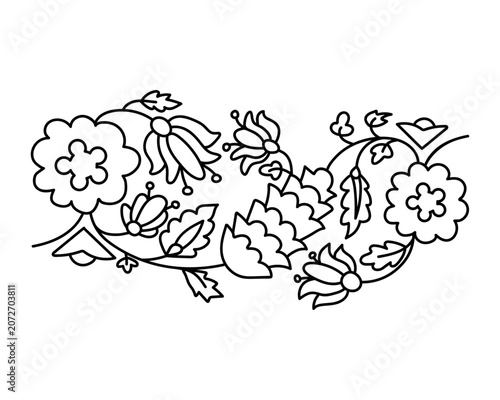 Folk floral ornament line art illustration. Traditional Slavic and Ukrainian style botanical outline decoration. Isolated element on white background.