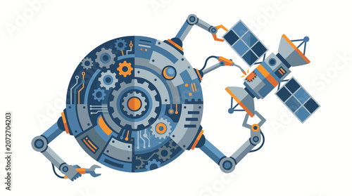 Robotic Arm Assembling Satellite, Futuristic Technology Concept