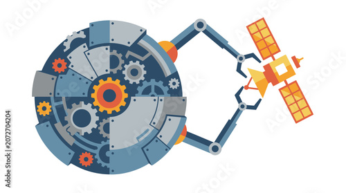 Robotic Arm Assembling Satellite with Gears and Mechanics