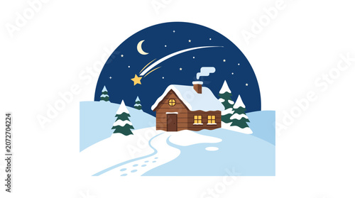 Cozy Log Cabin in Snowy Landscape Under Starry Night Sky