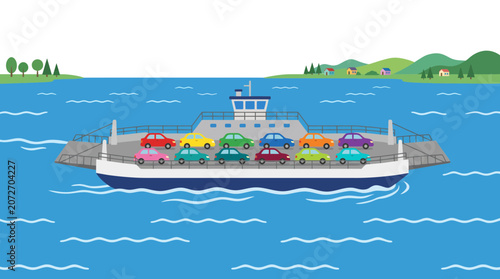 Car Ferry Boat Crossing Water with Colorful Vehicles and Scenic Landscape