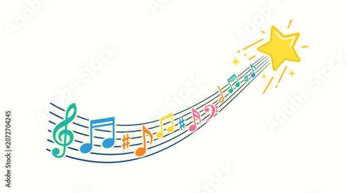 Colorful Musical Notes Flowing Towards a Shining Star