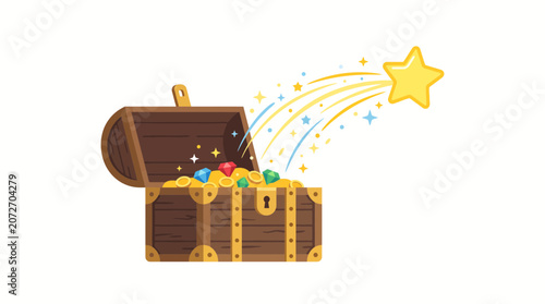 Treasure Chest Overflowing with Gold Coins and Jewels, Shooting Star