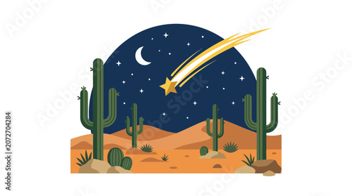 Desert Night Sky with Meteor Shower and Cactus Silhouette