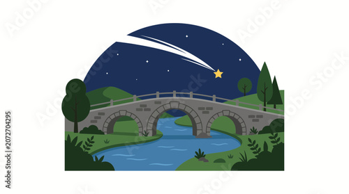 Stone bridge over river under starry night sky with shooting star