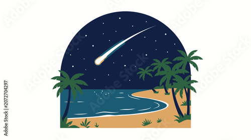 Tropical Beach Paradise at Night with Meteor Shower and Palm Trees