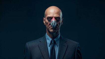Bald man in a suit with a stylized bird mask, featuring a beak and red accents, poses against a dark background, creating a striking visual contrast