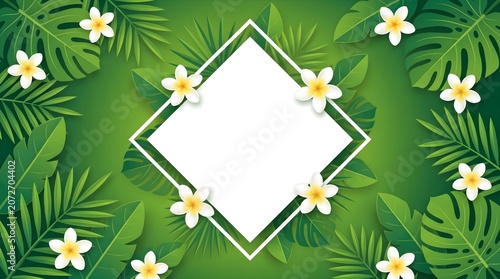 Vibrant tropical leaves and exotic plumeria flowers frame a central diamond shape, creating a lush green summer background illustration.