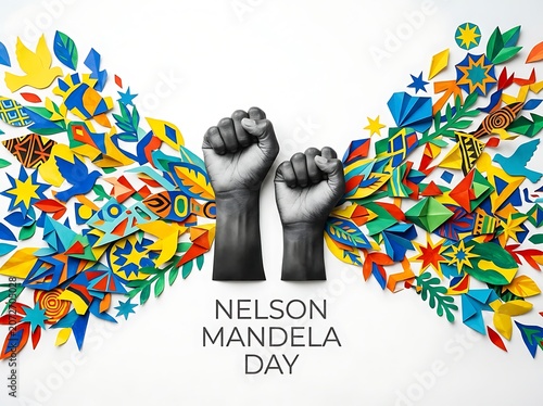 Colorful artistic celebration of nelson mandela day with raised fists and vibrant geometric patterns