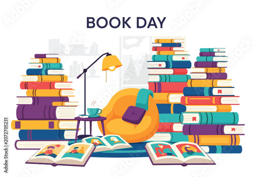 A colorful illustration of a cozy reading nook with books and a bean bag