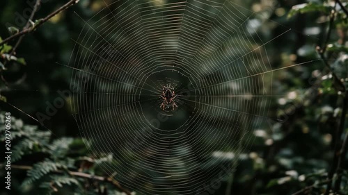 Spider in the center of a large web among green forest leaves
