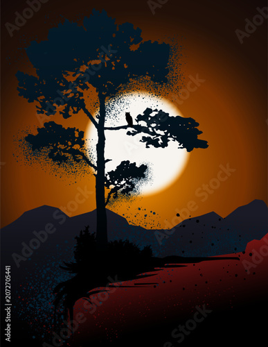 Solitary Tree Silhouette With Owl Under Full Moon