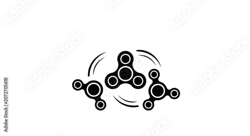 Black and white vector illustration of fidget spinners rotating on white background