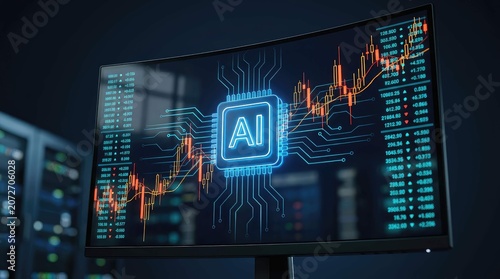 Artificial Intelligence and Financial Market Analysis: A futuristic computer screen displays an AI chip graphic superimposed on a stock market trading graph.