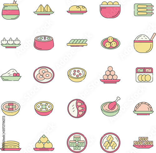 Collection of flat vector icons featuring a variety of traditional Asian snacks and assorted food dishes for culinary menus and digital culinary apps