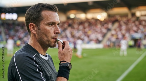Close-up profile of a professional soccer referee blowing a whistle during a stadium match