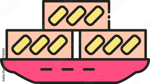 Flat vector icon of a maritime cargo ship carrying containers for global trade logistics and industrial freight transport services