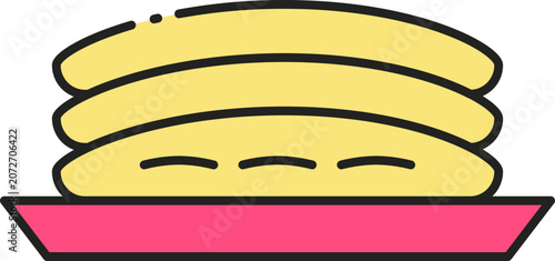 Stylized illustration of a delicious stack of golden yellow pancakes served on a bright red plate