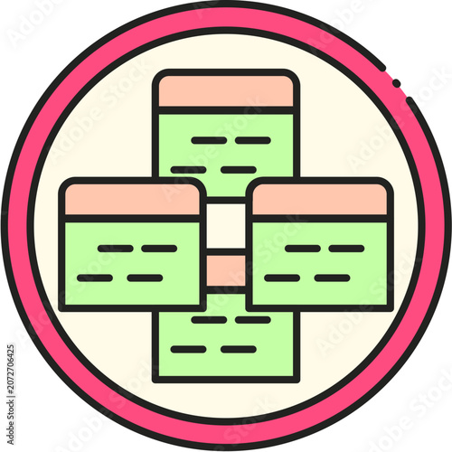 Stylized Vector Icon of Data Organization Panels and Information Lists within a Circular Pink Border for Task Management
