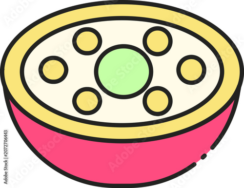 A minimalist vector illustration of a vibrant bowl of porridge topped with circular fruit pieces and a central green orb, evoking a healthy breakfast