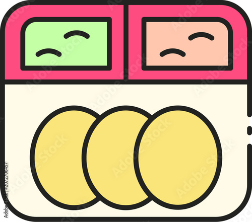 Colorful bento box icon featuring a neatly packed lunch with distinct sections for eggs and two different food items, symbolizing convenient and balanced meal preparation for daily life