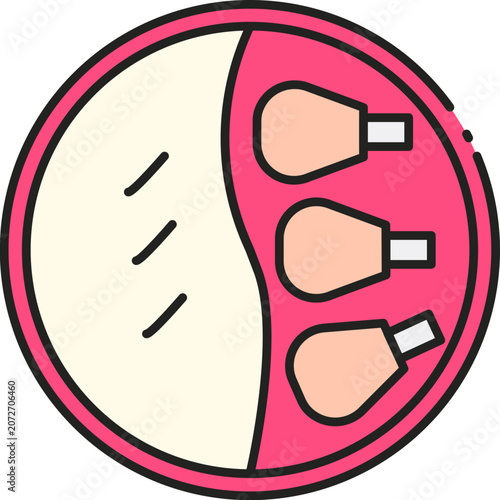 Flat vector icon of three fried chicken drumsticks on a round plate, minimalist fast food illustration for menu or catering concepts