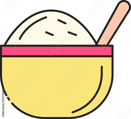 A simple flat illustration featuring a scoop of creamy vanilla ice cream served inside a bright yellow bowl with a wooden spoon