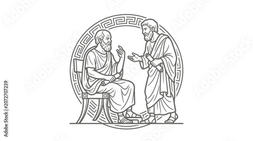 Ancient Greek philosophers debating logic in circular medallion.