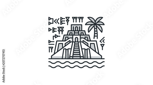 Foto Ancient Mesopotamian ziggurat with cuneiform script and palm tree