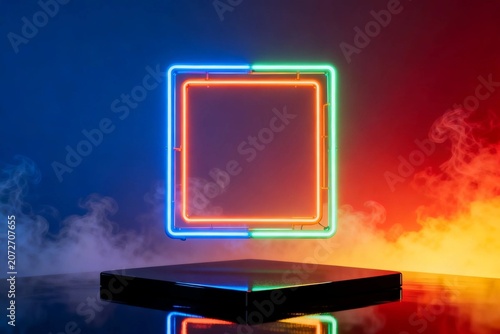 Neon Square Frame on Smoky Background