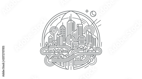 Circular line art of a smart city with sustainable technology.