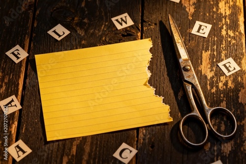 Scissors and torn paper on rustic wood