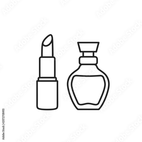 Cosmetic Lipstick and Perfume Bottle Icon Set in Simple Black Line Art