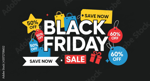 A Black Friday sale advertisement with colorful tags and shopping bags
